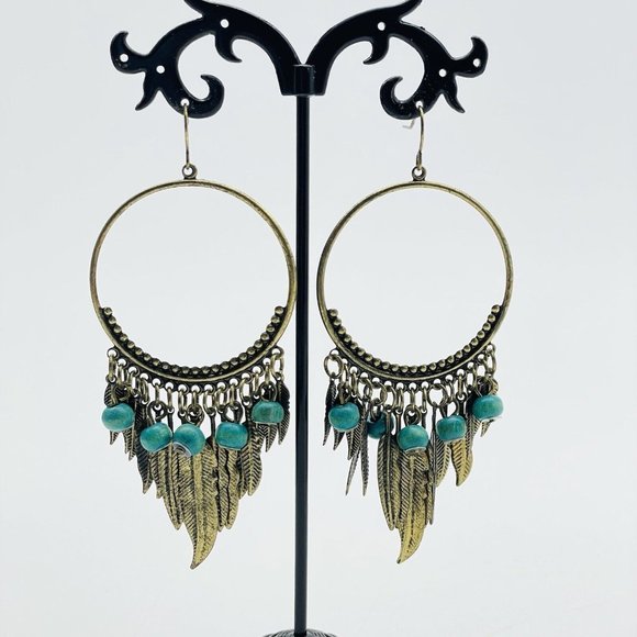 Feather Drop Hoop Earrings Pierced Gold Tone Faux Turquoise Beads Ethnic Native - Picture 4 of 8